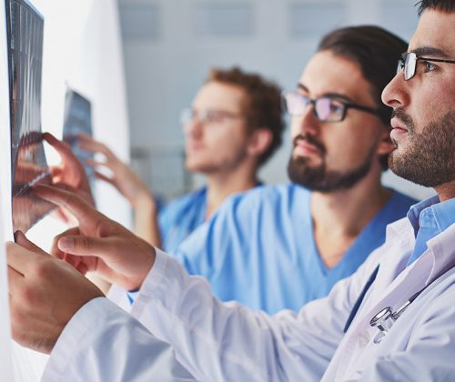 Portrait of young male doctors looking at x-ray